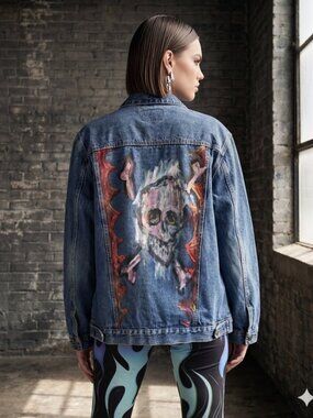 Adam Levine Denim Jacket Size Extra Large Xl Hand Painted Jeans Art Skull Grunge